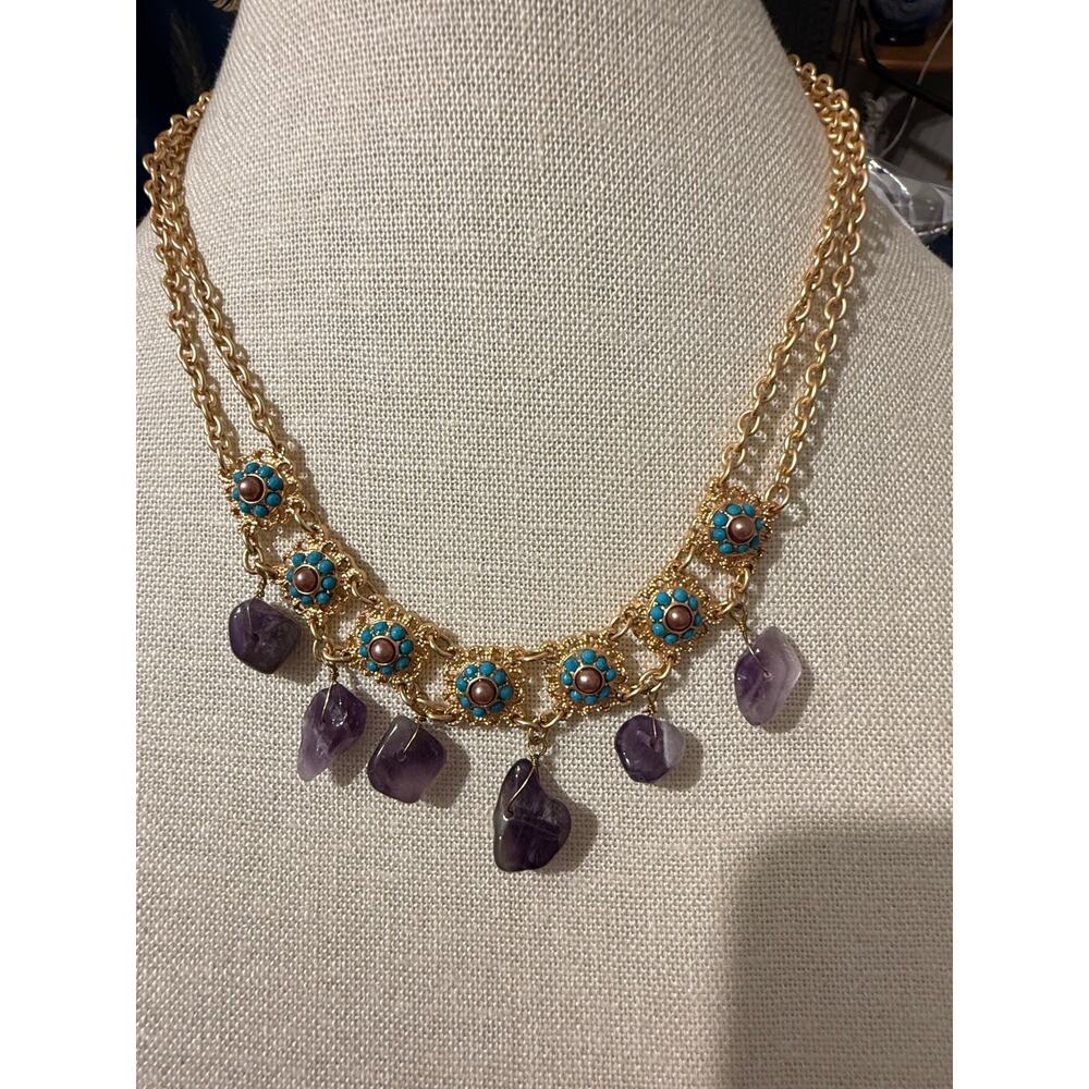 Vintage Gold Tone Genuine Amethyst Necklace